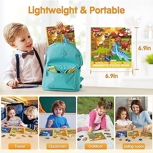 SYNARRY Magnetic Dinosaur Puzzles for Kids Ages 3-5, 20 Pieces Puzzles for Toddlers 4-6, Easter Basket Stuffers Gifts for Kids, Car Airplane Road Trip Activities Magnet Games Toy for Boys Girls - style: Dinosaur
