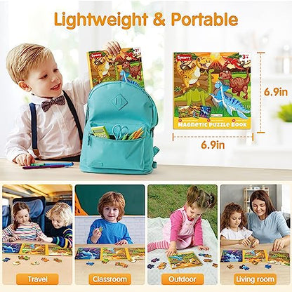 SYNARRY Magnetic Dinosaur Puzzles for Kids Ages 3-5, 20 Pieces Puzzles for Toddlers 4-6, Easter Basket Stuffers Gifts for Kids, Car Airplane Road Trip Activities Magnet Games Toy for Boys Girls - style: Dinosaur