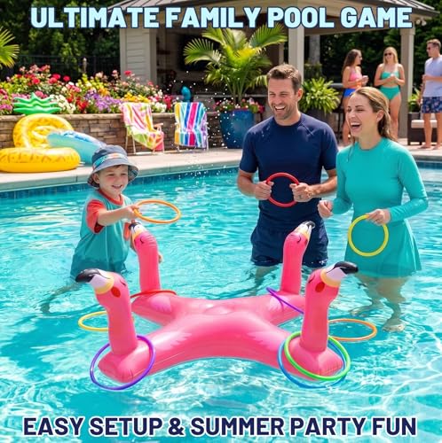 Pool Games & Toys, Inflatable Flamingo & Shark Ring Toss - Floating Water Game Set for Kids Ages 4-8 8-12, Adults and Family - Summer Swimming Pool Party Decorations