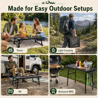 2.5 FT Picnic Table with 2 Wing Panels, Mesh Metal Folding Grill Table Height Adjustable & Lightweight & Portable Table for Outdoor Indoor Camping, Picnic, Beach and BBQ, RV - size: Extended Size