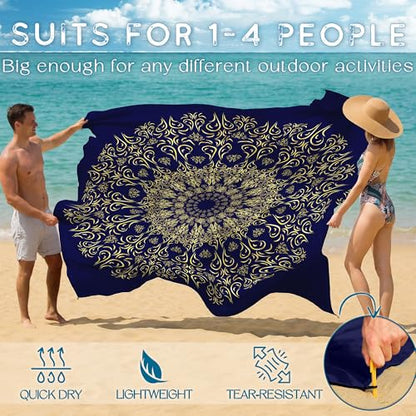 BYDOLL Beach Blanket Waterproof Sandproof Large Sand Free,78''X81''/10'X9' Oversized Sandless Lightweight Blanket Picnic Mat for Beach Travel Camping Hiking with Stakes - color: Navy Mandala, size: 78"X81"