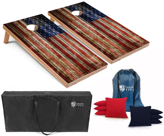 Tailgating Pros American Flag Wooden Plank Design Cornhole Board Set w/Bean Bags and Carrying Case - 4'x2' Corn Hole Toss Game - color: Red / Navy