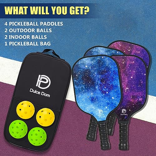 Dulce DOM Pickleball Paddles Set of 2/4 - USAPA Approved, 4 Indoor Outdoor Pickleball Balls, Fiberglass Surface Paddle Racket with Cover Bag, Ideal Training Equipment Gift for Men & Women - color: Blue Purple*4