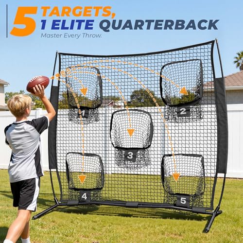 7x7ft/8x8ft Football Throwing Net, Quarterback Training Equipment with 5 Target Pockets, Includes Football, Portable Carry Bag - color: Black, size: 6x6ft