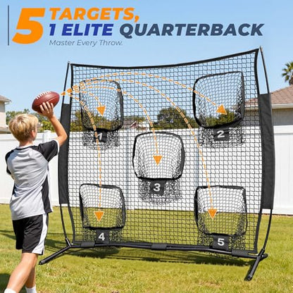 7x7ft/8x8ft Football Throwing Net, Quarterback Training Equipment with 5 Target Pockets, Includes Football, Portable Carry Bag - color: Black, size: 6x6ft