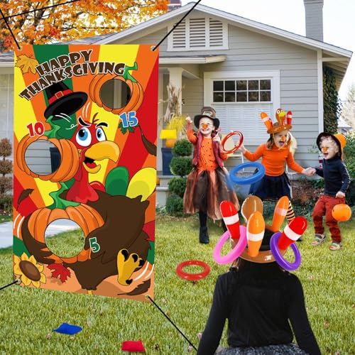 3 Pack Thanksgiving Party Games for Kids Total 18 Pieces Toys Including Inflatable Turkey Hats Ring Toss & Bean Bag Toss & Turkey Beaks Carnival Party Favors Supplies for Family Indoor Outdoor Yard