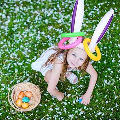Hoshin 2 Set Inflatable Bunny Ears Ring Toss Game (2 Rabbit-Ear Hats with 12 Ring Toss, 1 Medal and 1 Hand-held Pump) - Great Family Easter Party Games