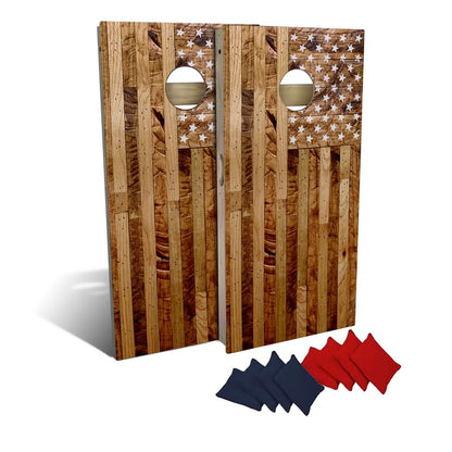 Slick Woody's Professional-Grade Cornhole Boards - 4'x2' Solid Wood Regulation Woodgrain Flag Bean Bag Toss Game with 8 Resin Filled Bags - color: Wooden Flag