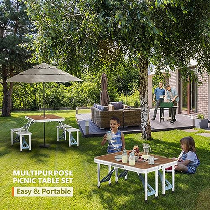 VINGLI 4 Ft Camping Picnic Table Set with 4 Seats with Umbrella Hole Folding Lightweight Suitcase Card Table-220 Lbs Support Aluminum Frame, Plastic RV Tabletop for Barbecue,Travel,Outing,Gathering - color: Natural