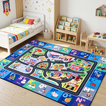Car Rug Playmat, City Road Map Kids Rug, Educational Learning Play Mat, Soft Non-Slip Machine Washable ABC Alphabet Carpet for Bedroom Nursery Preschool Classroom - color: Racing Route, size: 5' x 7' (Rectangular)
