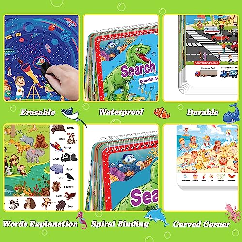 Elfew Search and Find Reusable Activity Book, Travel Toys for Toddlers 3-5, Wipe Clean Educational Toys for 3+ Year Old, Kids Airplane Car Road Trip Travel Essentials, Car Games for Kids Ages 4-8
