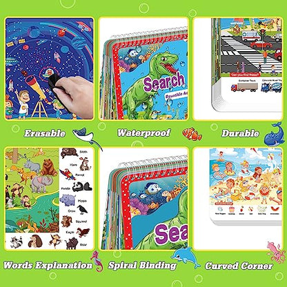 Elfew Search and Find Reusable Activity Book, Travel Toys for Toddlers 3-5, Wipe Clean Educational Toys for 3+ Year Old, Kids Airplane Car Road Trip Travel Essentials, Car Games for Kids Ages 4-8