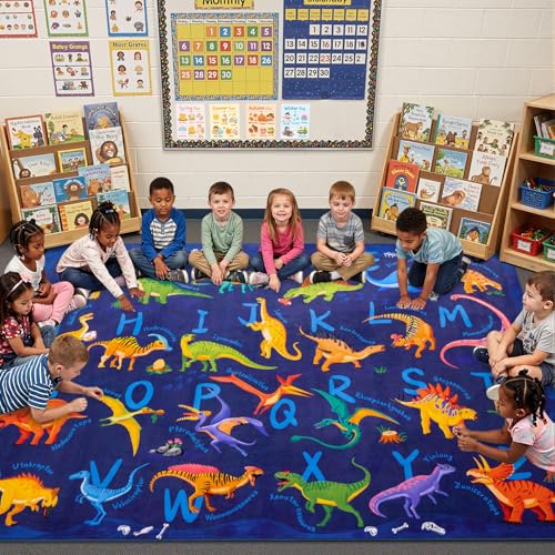 6x9 ABC Classroom Rug for Kids Playroom, Alphabet Rug with 26 Dinosaurs, Non-Slip Washable Kids Carpet, Educational Preschool Play Mat for Daycare, Nursery, Toddler Bedroom - color: Deep Blue, size: 6' x 9' (Rectangular)
