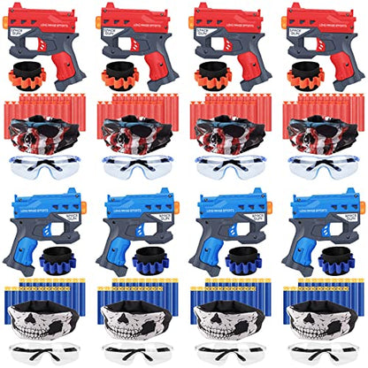 TiopLior Party Favors Compatible with Nerf Party, 8 Sets Gun Parties Favors for Birthday Pack Included Mini Foam Pistols, 160 Foam Bullets, Safety Glasses, Wrist Belt Band, Face Masks - size: 8 Sets