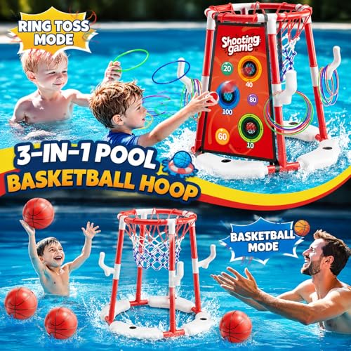 3 in 1 Pool Basketball Hoop & Ring Toss Game for Kids 4-8 8-12 - Floating Pool Toys Set with 4 Basketballs, 12 Rings, 2 Target Boards, 12 Bean Bags, Pump - Backyard Swimming Pool Summer Birthday Gift - color: red