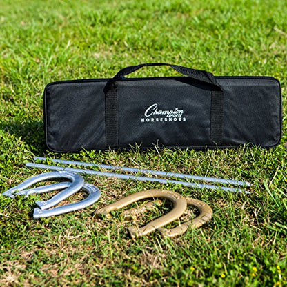 Champion Sports Horseshoe Set: Traditional Outdoor Lawn Game includes Four Professional Solid Steel Horseshoes with Solid Steel Stakes & Carrying Storage Case - style: Tournament Set