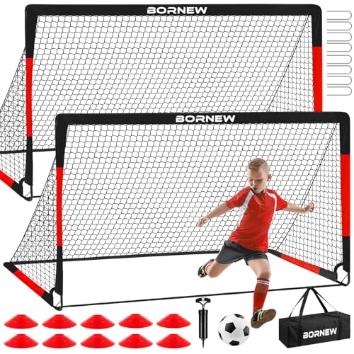 Kids Soccer Goal for Backyard Set - 2 Set of 7X5 / 6X4 ft Toddler Soccer Nets Training Equipment, Soccer Ball, Pop Up Portable Soccer Set for Kids and Youth Games and Training Goals Ages 3-16 Gift - color: 2.Black Red, style: 6' x 4'