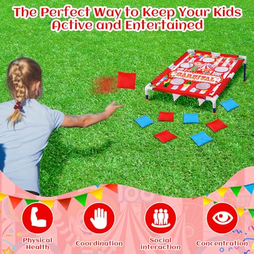 Carnival Games 2 in 1 Bean Bag Toss with 12 Bean Bags for Boys Girls Outdoor Cornhole Circus Game Set Portable Toss Games for Throwing Carnival Theme Party