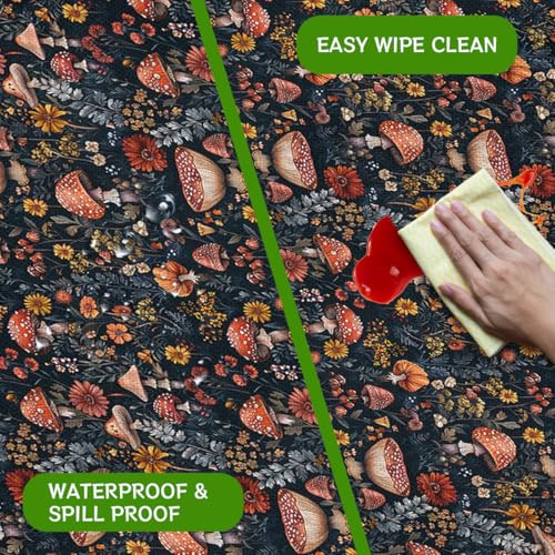 Mushroom Picnic Table Cover with Bench Covers and Carrying Bag, Forest Floral Plant Retro Rectangle Table Cover, Outdoor Patio Camping Essentials 6FT 4PCS, Camping Fitted Tablecloth