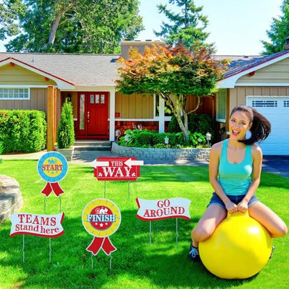 14 Pcs Outdoor Carnival Games 3 Hopper Bouncing Balls with Handle 5 Carnival Yard Sign with Stake 4 Hook-and-Loop 2 Arrow Hopper Relay Game for Field Day Backyard Lawn Birthday Family Party