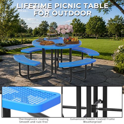 All-Weather Round Outdoor Picnic Table, Commercial Picnic Table Bench Set with Umbrella Hole, Thermoplastic Coated Metal Dining Tables for School, Stores, Park, Patio, Yard, Blue - color: Light Blue