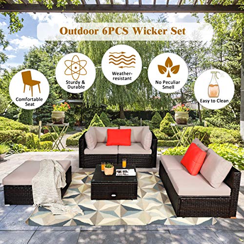 Tangkula 6 Piece Patio Furniture Set, Outdoor Deck Lawn Backyard Durable Steel Frame PE Rattan Wicker Sectional Sofa Set, Conversation Set with Coffee Table (Beige) - color: Beige, size: 6 Pieces
