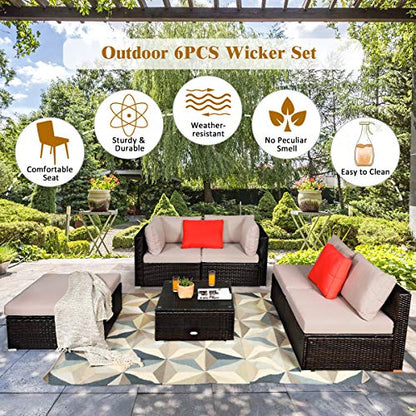 Tangkula 6 Piece Patio Furniture Set, Outdoor Deck Lawn Backyard Durable Steel Frame PE Rattan Wicker Sectional Sofa Set, Conversation Set with Coffee Table (Beige) - color: Beige, size: 6 Pieces