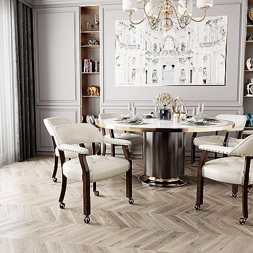 Set of 4 Dining Chair with Casters, Accent Captains Leather Chairs with Wheels & Arms,Wheeled Roller Wood Chairs for Kitchen & Game Poker Table,Espresso&Ivory 318WT(NO Table!) - color: Espresso&ivory