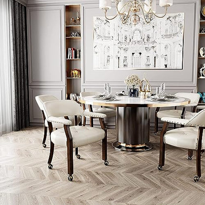 Set of 4 Dining Chair with Casters, Accent Captains Leather Chairs with Wheels & Arms,Wheeled Roller Wood Chairs for Kitchen & Game Poker Table,Espresso&Ivory 318WT(NO Table!) - color: Espresso&ivory