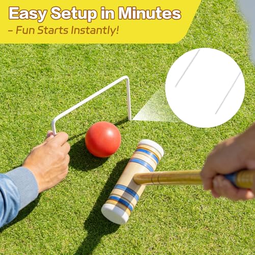 6 Player Croquet Set for Adults with Wooden Stand - 28 Inch Professional Outdoor Lawn Game Includes 6 Rubberwood Mallets & Balls, Steel Wickets - Backyard, Garden, Park Games