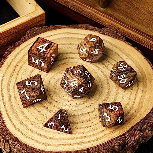 Wood DND Dice, 7pcs RPG Polyhedral Dice Set with Iron Box, for D&D Role Playing Games (Brown with Black Striped) - color: Brown Black Striped