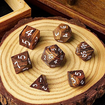Wood DND Dice, 7pcs RPG Polyhedral Dice Set with Iron Box, for D&D Role Playing Games (Brown with Black Striped) - color: Brown Black Striped