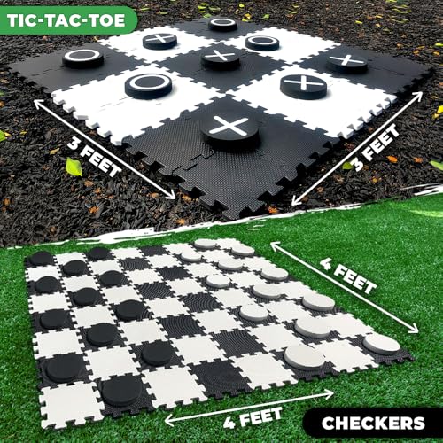 Swooc Games® - 2-in-1 Premium Giant Checkers & Tic Tac Toe Game (4ft x 4ft) - 100% High Density EVA Foam Mat & Pieces - Extra Large Checkers Set with Jumbo Checkerboard and Yard Size Tic Tac Toss