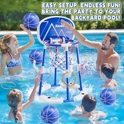 Pool Basketball Hoop for Kids Ages 4-8 & 8-12, 2-in-1 Floating Game Set with Backboard, Water-Fillable Base, 4 Balls, Pump & 12 Rings, Pool Games Backyard Swimming Pool Toys for Family Fun (Blue) - color: Green