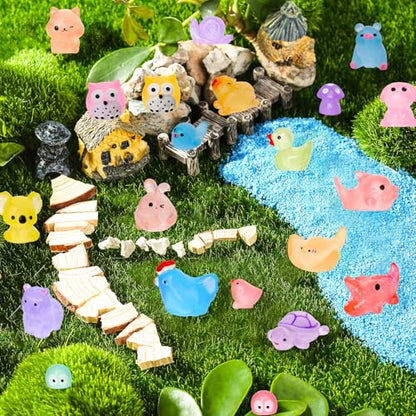 200PCS Luminous Mini Resin Animals 30 Types Miniature Resin Animal Figurines to Hide Bulk Glow in The Dark Tiny Ducks Frogs Small Cat Bunnies for Fairy Garden Micro Landscape Dollhouse Accessories - style: 200Pcs-Animals
