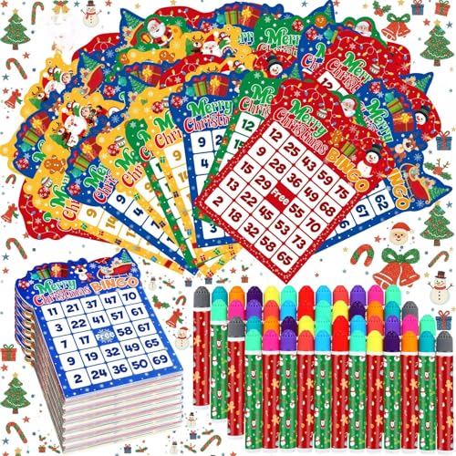 Eersida 192 Pack Christmas Bingo Game Cards and 0.4 oz Dot Daubers Set Includes 144 Bingo Cards and 48 Dot Markers Game Supplies Set for Christmas Supplies Family Casino Play Night Party Favor Gifts - style: Christmas