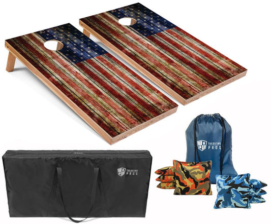 Tailgating Pros American Flag Wooden Plank Design Cornhole Board Set w/Bean Bags and Carrying Case - 4'x2' Corn Hole Toss Game - color: Orange Camo / Blue Camo