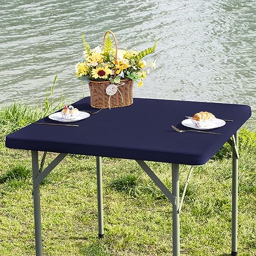 Square Fitted Table Cover Elastic Tablecloth Stretch Spandex Table Top Cover Table Topper Cap for Dining Kitchen Home Party Navy 34X34 Inch - color: Navy, size: 34" x 34" (Square)