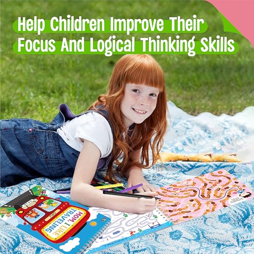 SpriteGru 2 Travel Game Pads, 61 Dry Erase Activities Games Reusable & Erasable Book, Fun Brain Challenge Games Interesting Educational Toy and Learning Tool for Road Trip Airplane Travel - style: Mazes & Fun Games