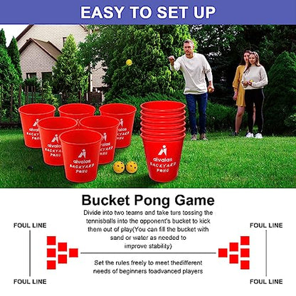 Aivalas Yard Pong Outdoor Games, Giant Yard Games Set with 12 Buckets and Balls for Adults and Family, Toss Game Throwing Games for Beach, Camping, Lawn and Backyard - color: Red