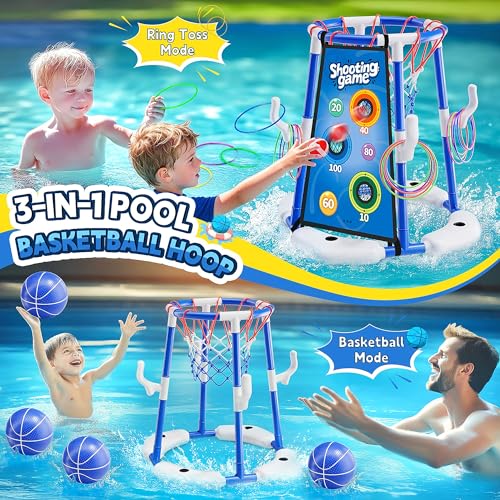 3 in 1 Pool Basketball Hoop & Ring Toss Game for Kids 4-8 8-12 - Floating Pool Toys Set with 4 Basketballs, 12 Rings, 2 Target Boards, 12 Bean Bags, Pump - Backyard Swimming Pool Summer Birthday Gift - color: Blue