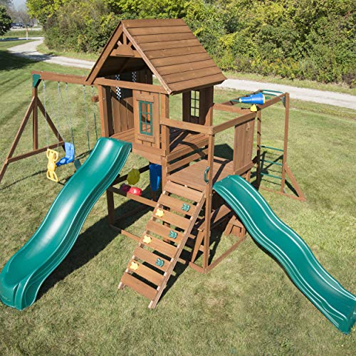Swing-N-Slide WS 8354 Knightsbridge Super Wooden Swing Set with Two Slides, Play Set, Monkey Bars, Climbing Wall, Music Play & Climbing Wall, Wood, Green