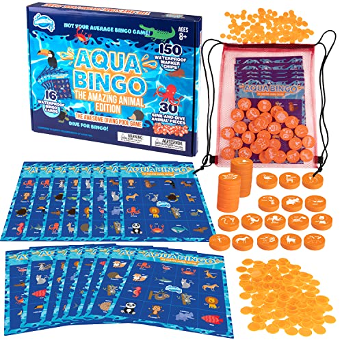 Pool Bingo Diving Game for Kids- Summer Party Fun Edition Toy- Dive & Call 30 Sinking Animal Themed "Numbers", Fill Your Card- 150 Marker Chips & 16 Double Sided Waterproof Play Cards & Carrying Bag - style: Animal