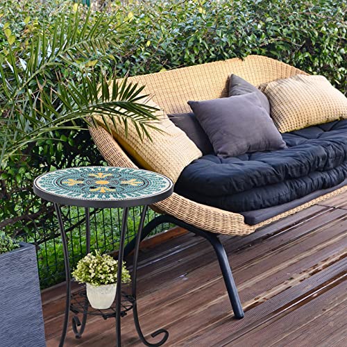 VCUTEKA Outdoor Side Table Mosaic Patio Table Accent Tables Mosaic Tile Top Metal Frame Small End Tables Porch Beach Patio Garden Balcony Green 14'' - color: Green