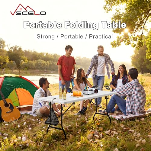VECELO 6 ft Picini Table with Thickened Top | Removable Mesh Bag | Strong Side Support, 500lbs Weight Capacity Folding Table, Indoor & Outdoor, with Carrying Handle,White - color: White