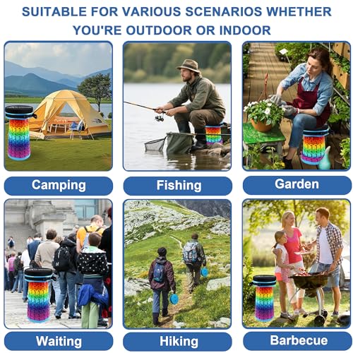 ALEVMOOM 2026 Collapsible Stool with Thick Cushion, H18.1 D10.24 More Sturdy Capacity 600Ib,Collapsible Adjustable Folding Stool for Camping Hiking Mountain Garden BBQ - color: Rainbow