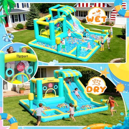 FBSPORT Inflatable Bounce House Water Slide, Widen Water Slide Park 10-in-1 Bounce House with 480W Blower, Jumping, Climbing, Splash Pool, Bouncy Castle for Kids 3-10 Backyard Party Outdoor Indoor