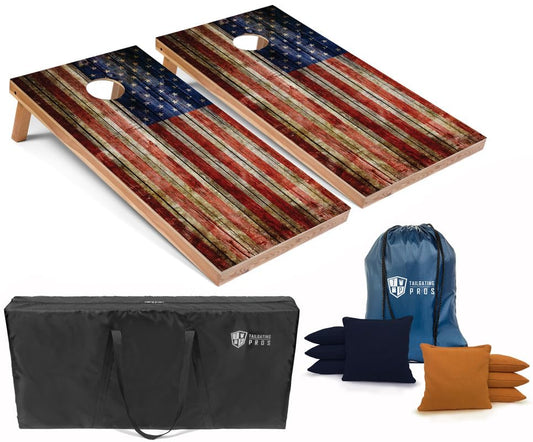 Tailgating Pros American Flag Wooden Plank Design Cornhole Board Set w/Bean Bags and Carrying Case - 4'x2' Corn Hole Toss Game - color: Navy / Gold