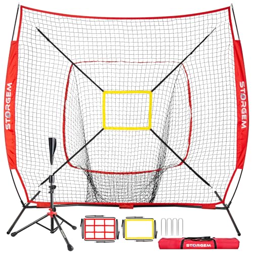 Storgem Baseball and Softball Practice Net 7×7ft Portable Hitting Pitching Batting Training Net Baseball Backstop Net with Batting Tee and Strike Zone and Bow Frame - color: Red Pro