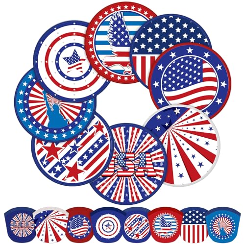 Gejoy 24 Pcs Independence Day Foldable Fan Style 4th of July Red White and Blue Handheld Round Patriotic Folding Flying Disc for Daily Use Festival Wedding Party Favors Decorations Portable, 8 Style - color: Patriotic